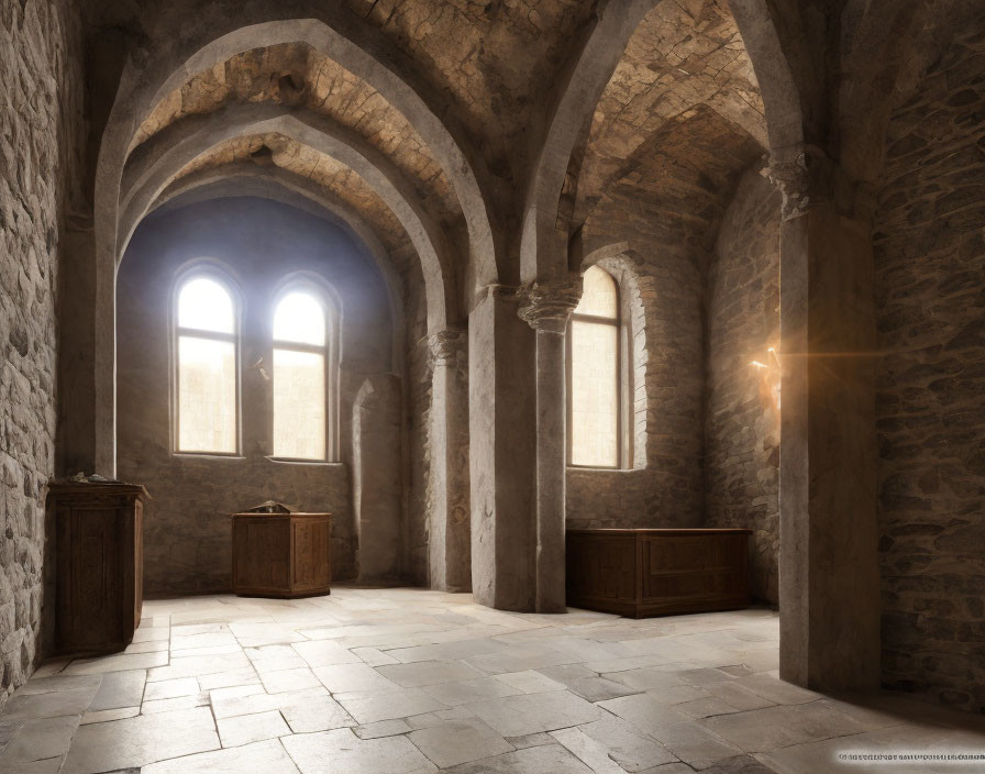 Ancient stone chamber with arched ceilings, windows, and wooden chests