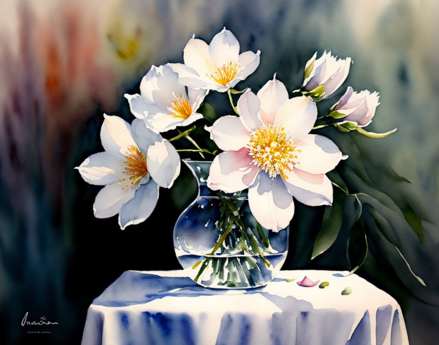 White and Yellow Flowers in Clear Vase Watercolor Painting