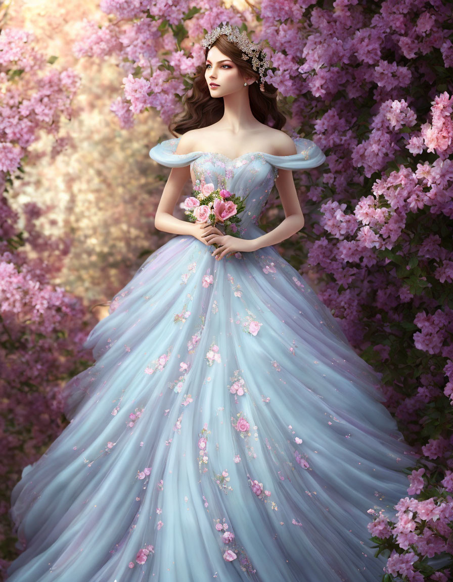 Woman in floral crown and blue gown among pink blossoms with bouquet