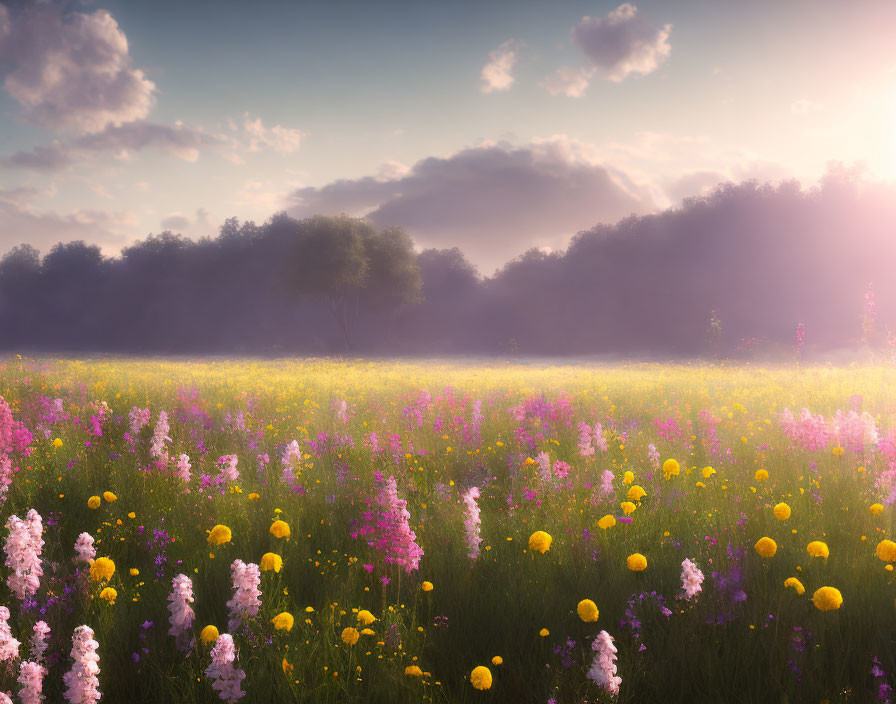 Tranquil meadow with yellow and purple wildflowers in warm sunlight