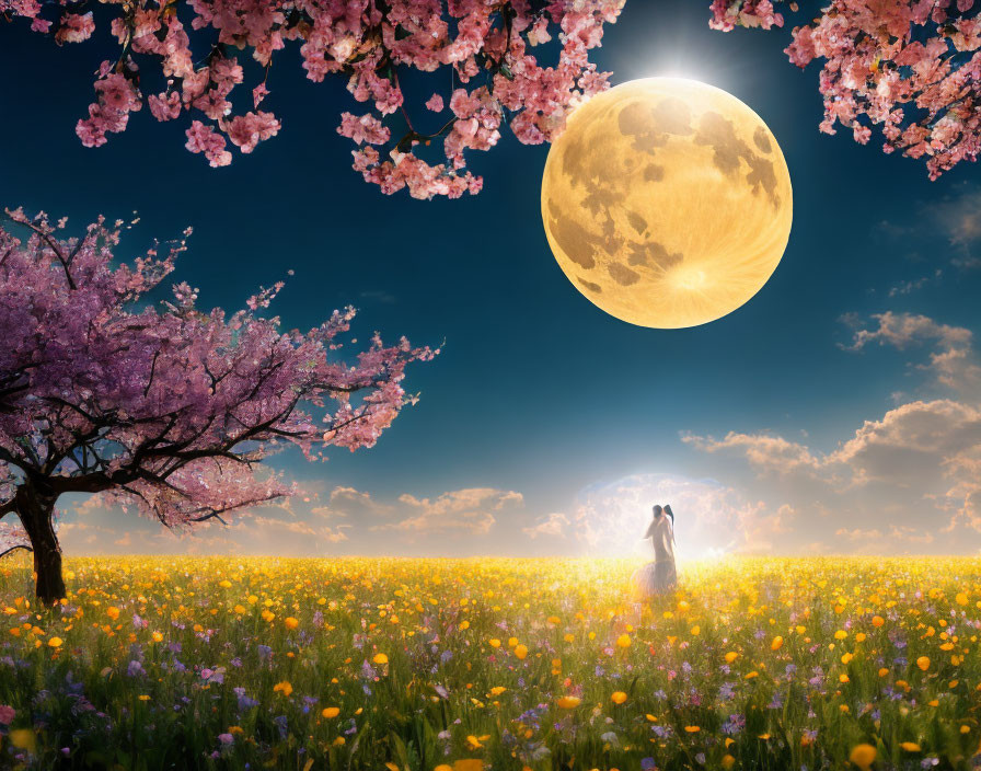 Couple Embraces in Vibrant Yellow Flower Field with Large Moon