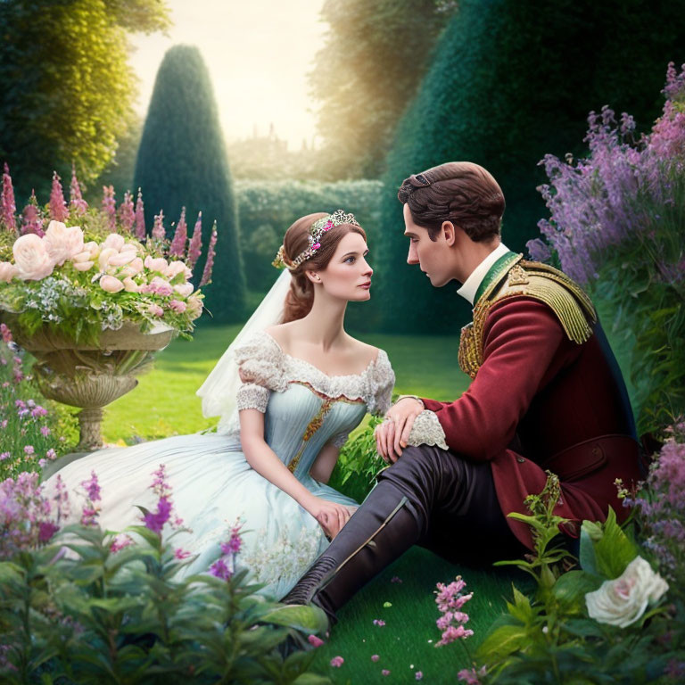 Regal couple in romantic garden setting