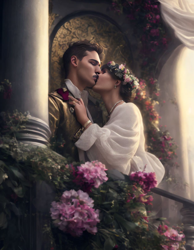 Historical attire couple kissing on balcony with flowers