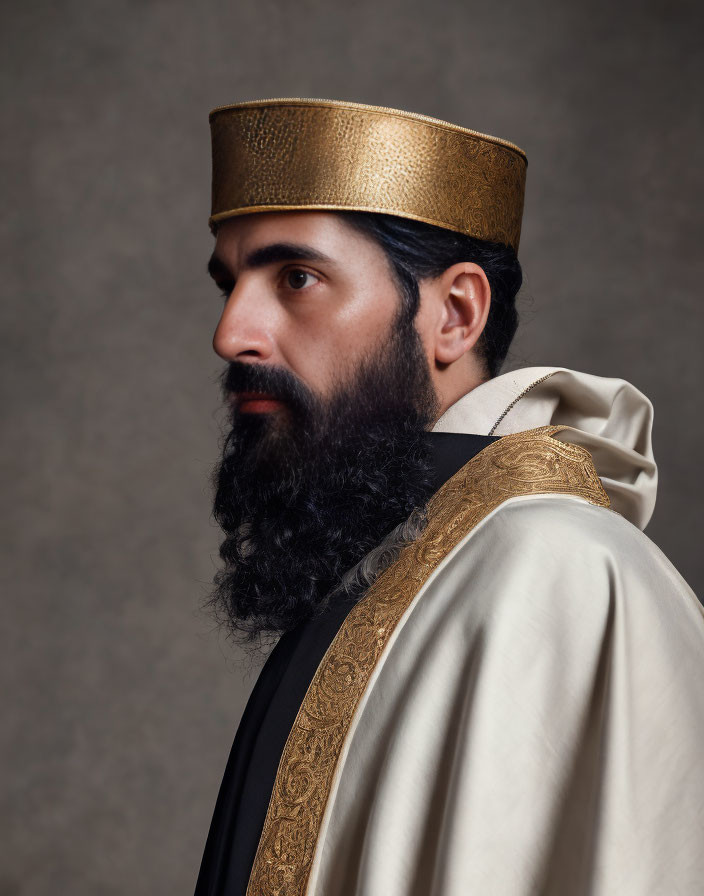 Man with Thick Beard Wearing Golden Crown and Regal Mantle