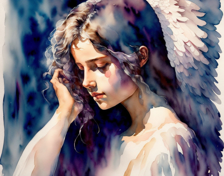 Pensive angel watercolor painting with purple and blue hues