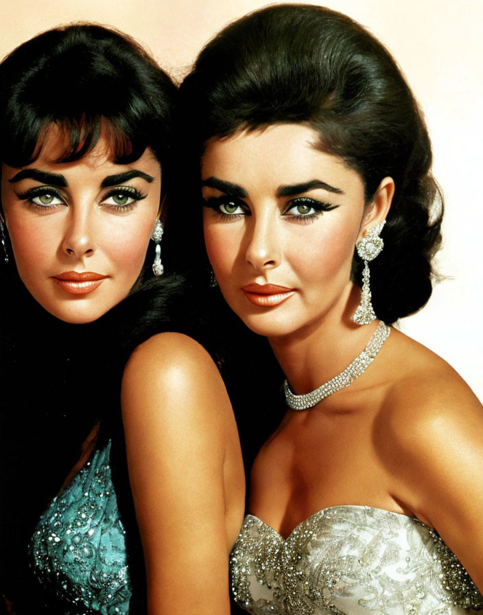 Two Women in Elegant Evening Gowns with Dark Hair and Dramatic Makeup