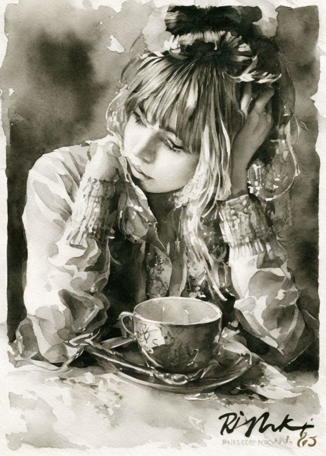 Monochromatic watercolor painting of a woman with a teacup