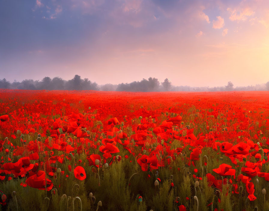 Tranquil dawn scene: vast red poppy field under warm sunlight