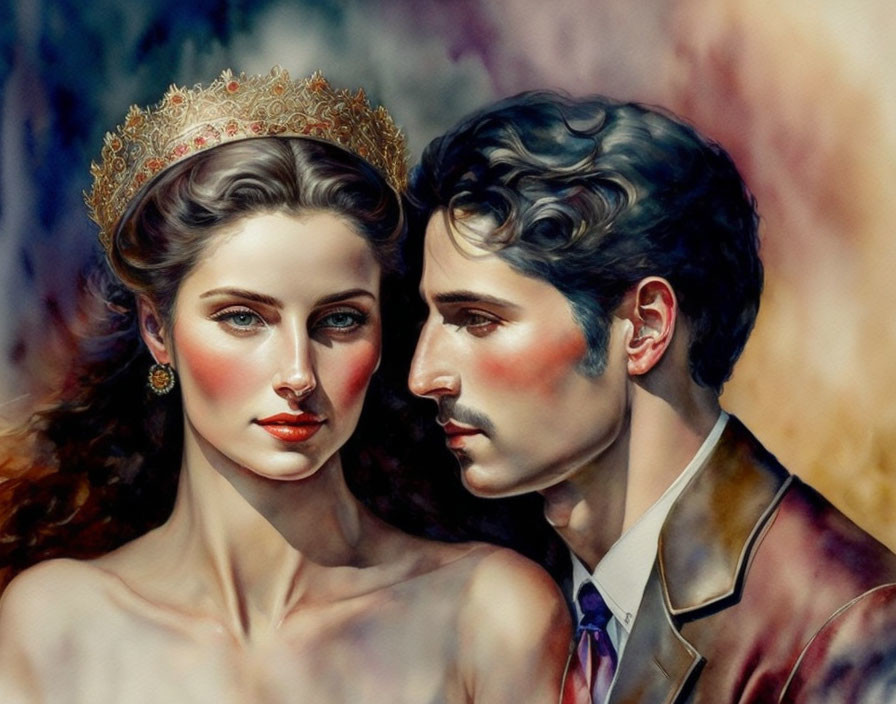 Regal woman with crown and man in suit in intense, vivid painting