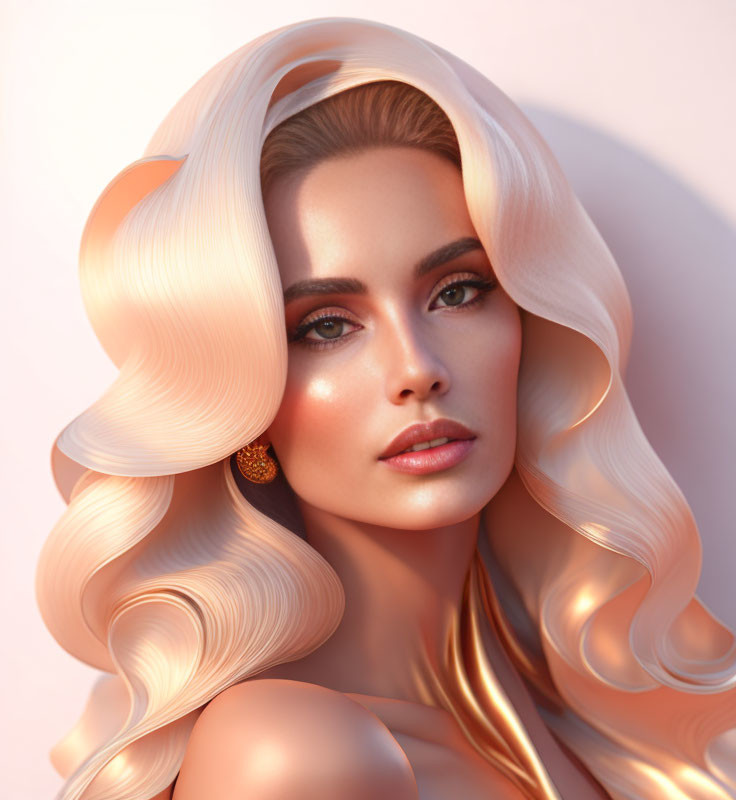 Portrait of woman with voluminous blonde hair, flawless skin, and green eyes.