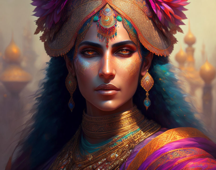 Woman portrait with elaborate jewelry & colorful attire in regal fantasy theme