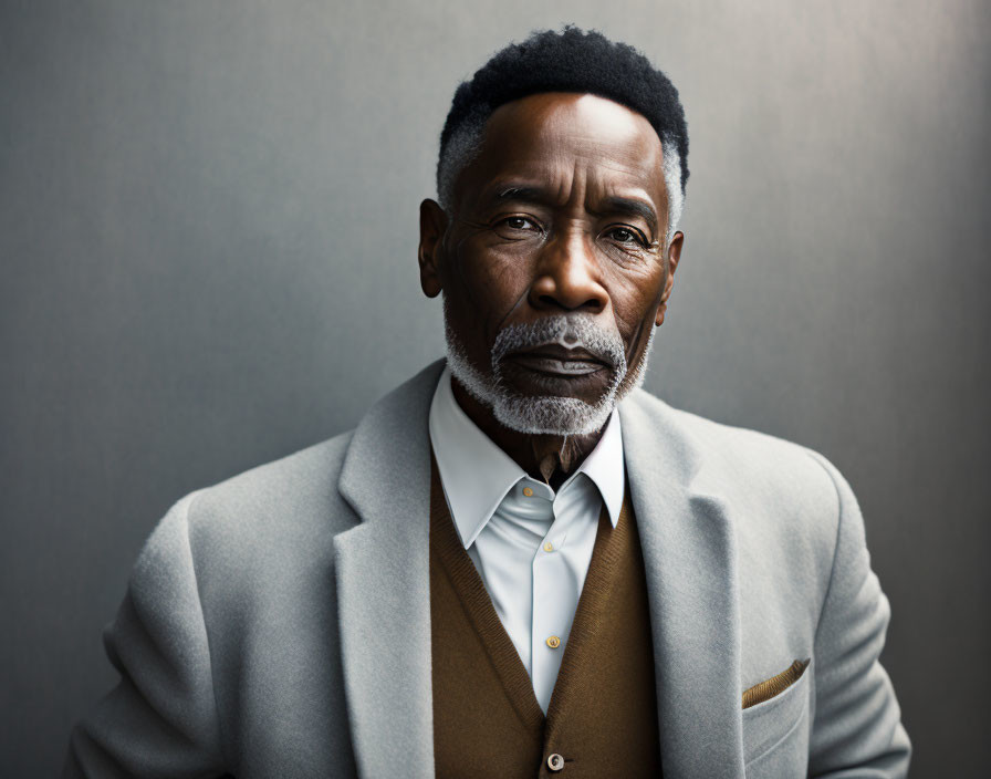 Elderly man with beard in gray coat and white shirt, serious gaze on gray background