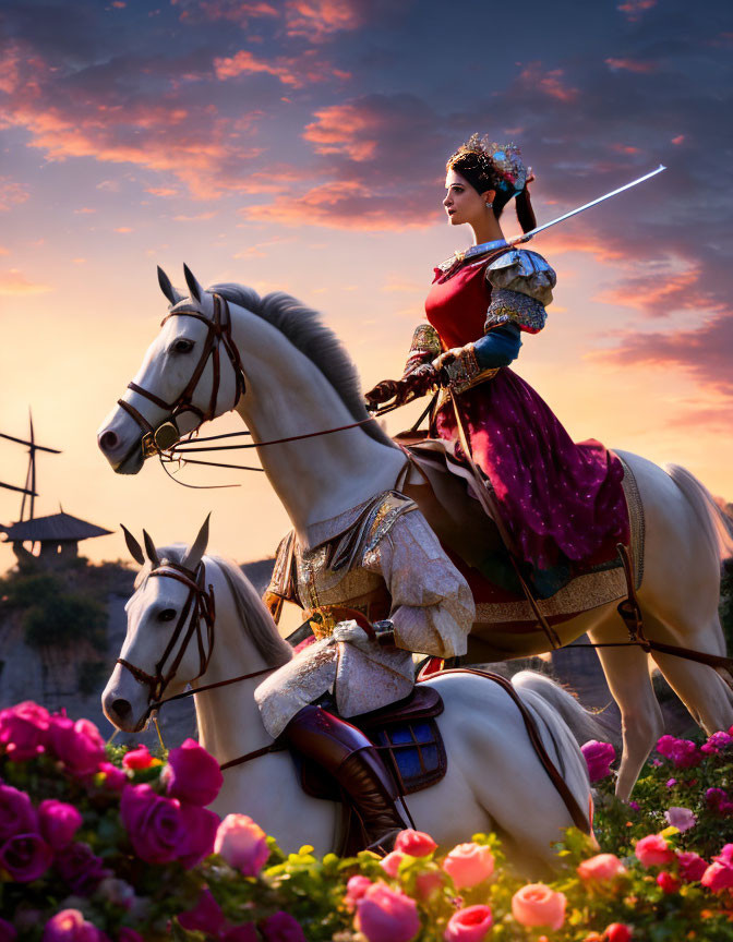 Medieval woman on horseback with sword among roses at sunset