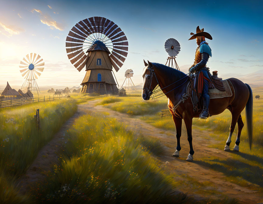 Cowboy on horseback admires windmills at sunset on picturesque prairie