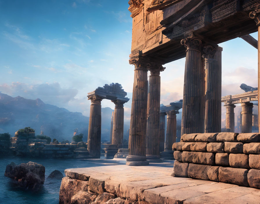 Ancient Stone Temple Ruins and Columns Overlooking Coastal Sunrise