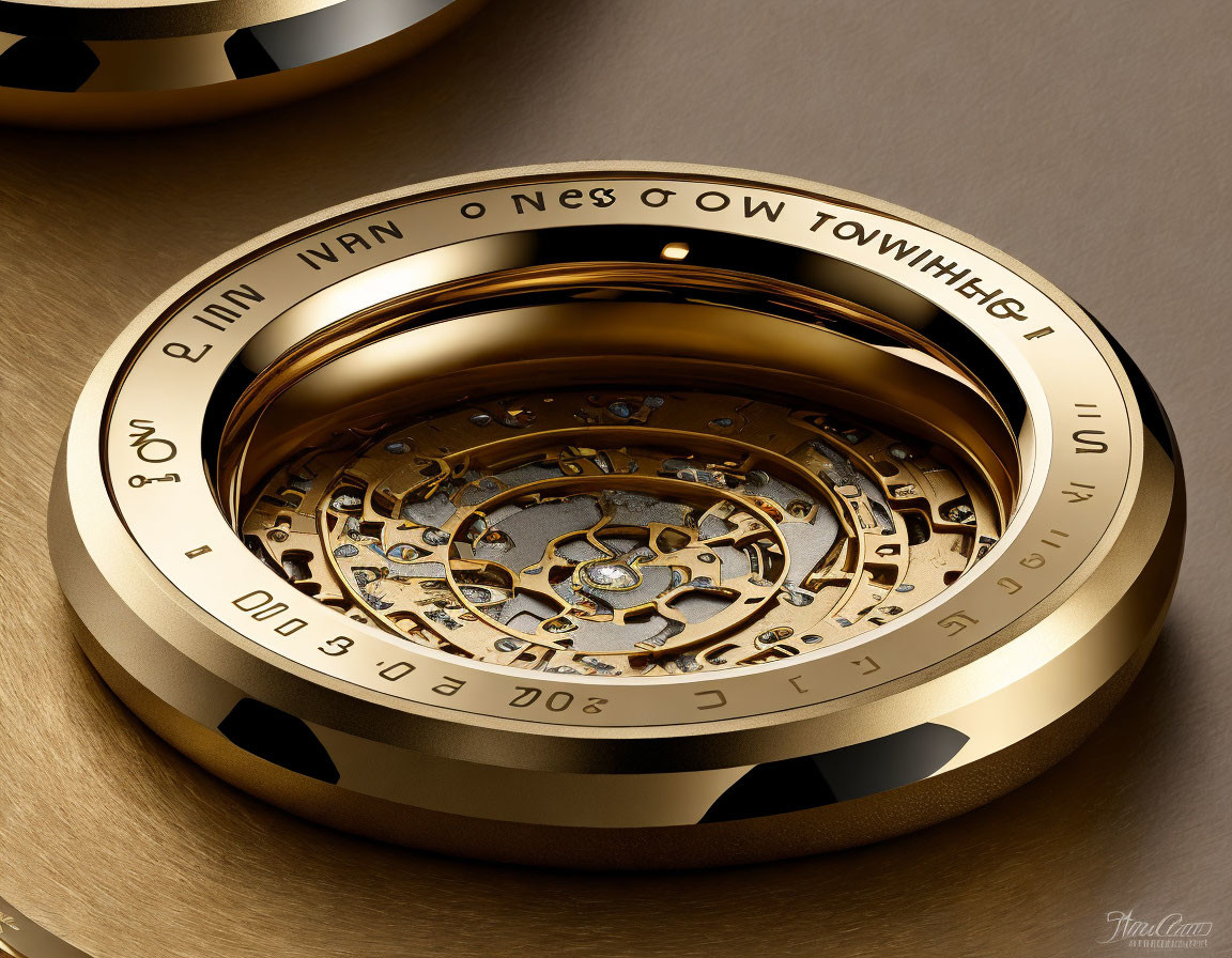 Luxurious Golden Mechanical Watch with Intricate Gears and Engraved Letters