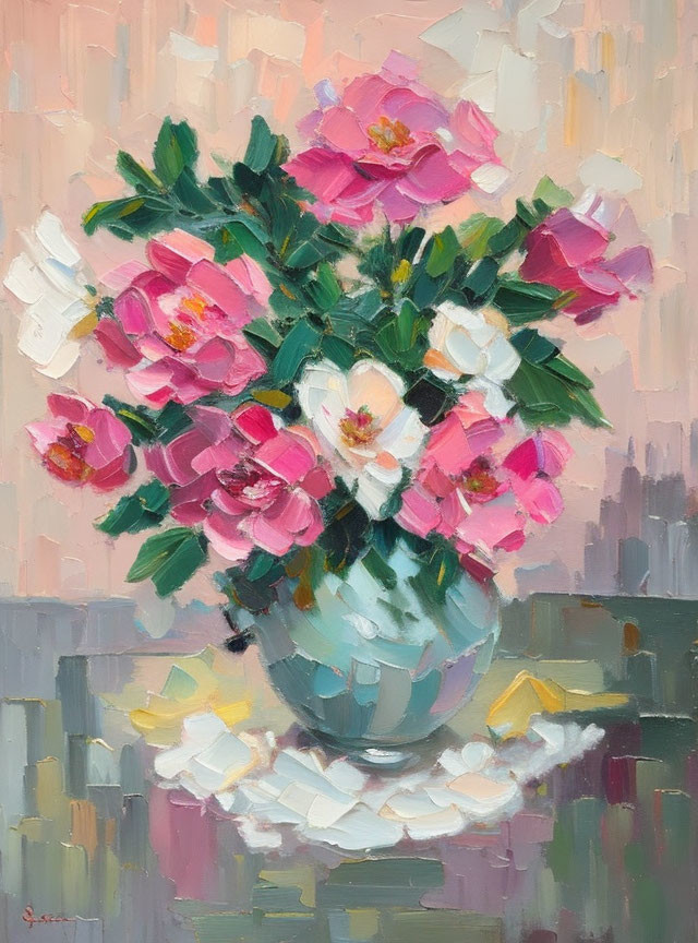 Impasto technique oil painting: Pink and white flowers in light blue vase on soft pink background