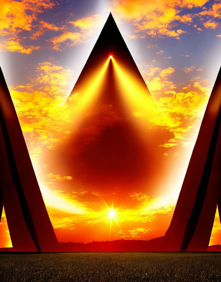 Sunrise framed by triangular architectural structure in warm orange and yellow hues