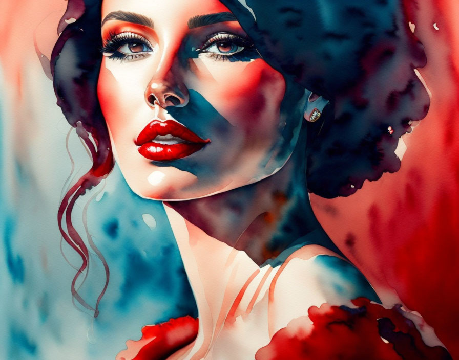 Vibrant red and blue stylized portrait of intense woman against flowing hair background