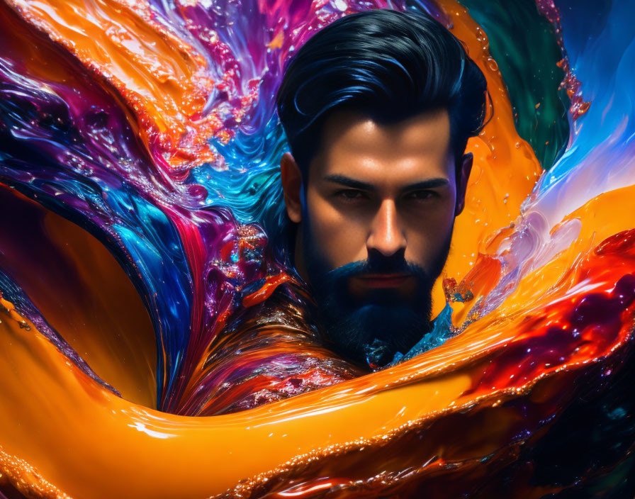 Stylized beard in vibrant swirling paint colors