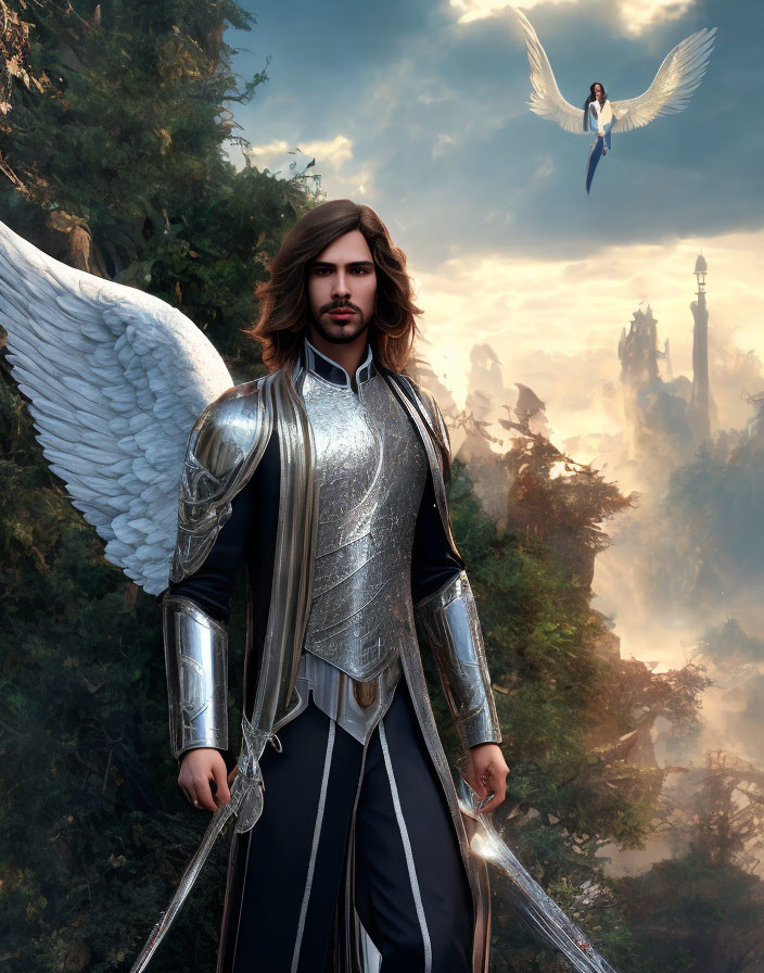 Male figure with long hair and white wings in medieval armor in mystical landscape