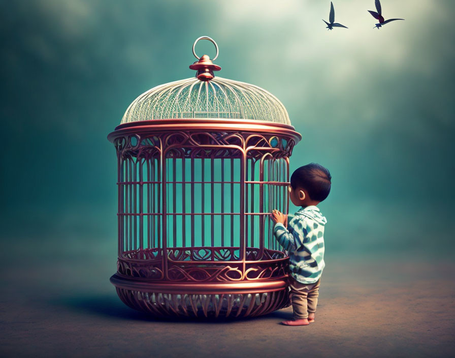 Child near large birdcage with flying birds in teal sky