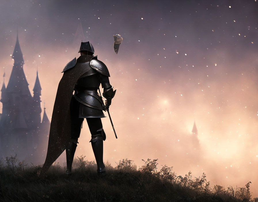 Knight in armor gazes at castle at dusk with fireflies and floating paper