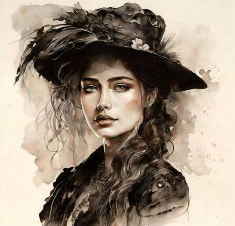 Sepia-Toned Illustration of Woman in Wide-Brimmed Hat