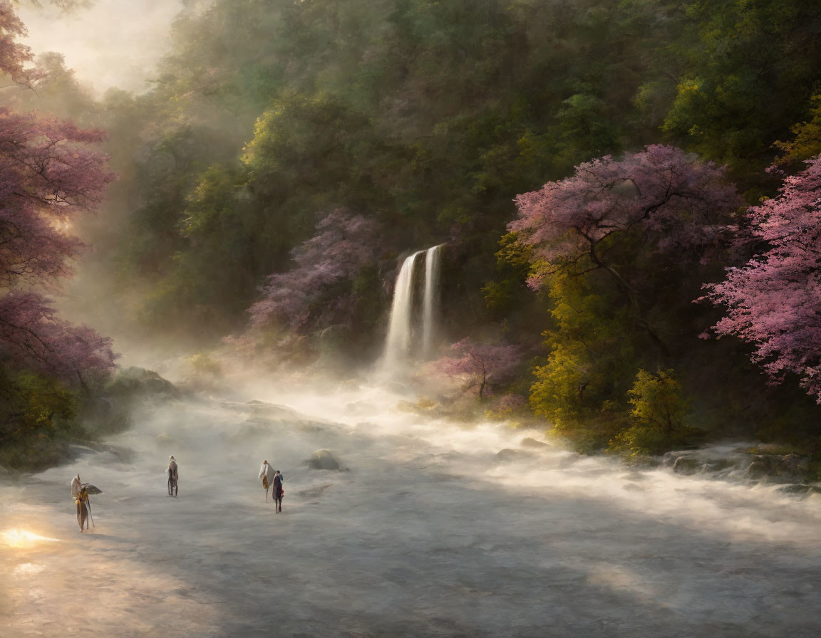 Tranquil waterfall in lush green setting with pink blossoming trees