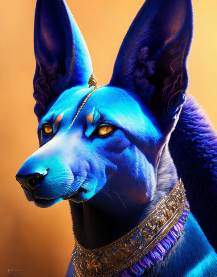 Anthropomorphic Blue Dog in Regal Attire on Orange Background