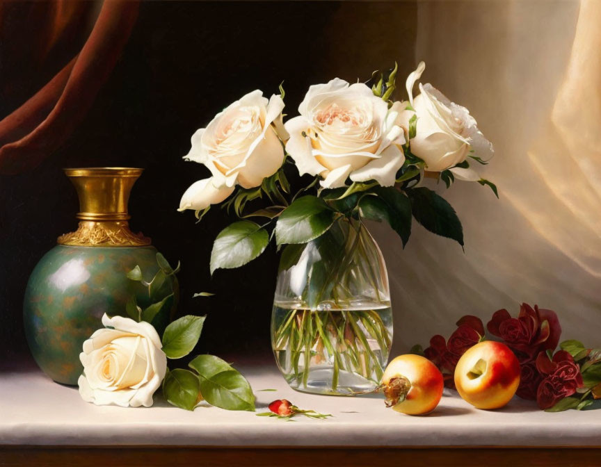 White Roses and Peaches in Still Life Painting