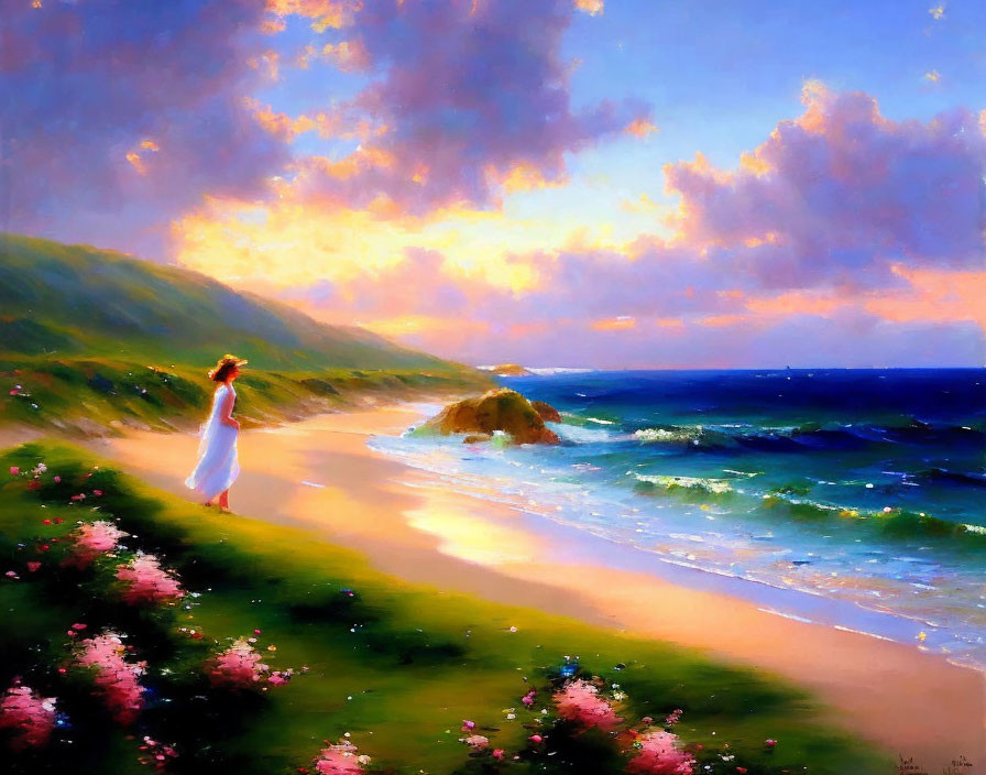 Woman in white dress on flower-covered cliff overlooking vibrant seascape at sunset