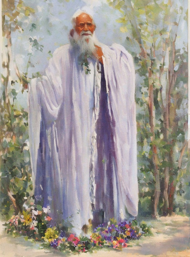 Elderly man in white robe in sunlit forest clearing