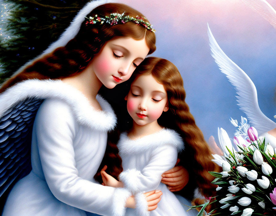 Angel embracing young girl in white against blue background