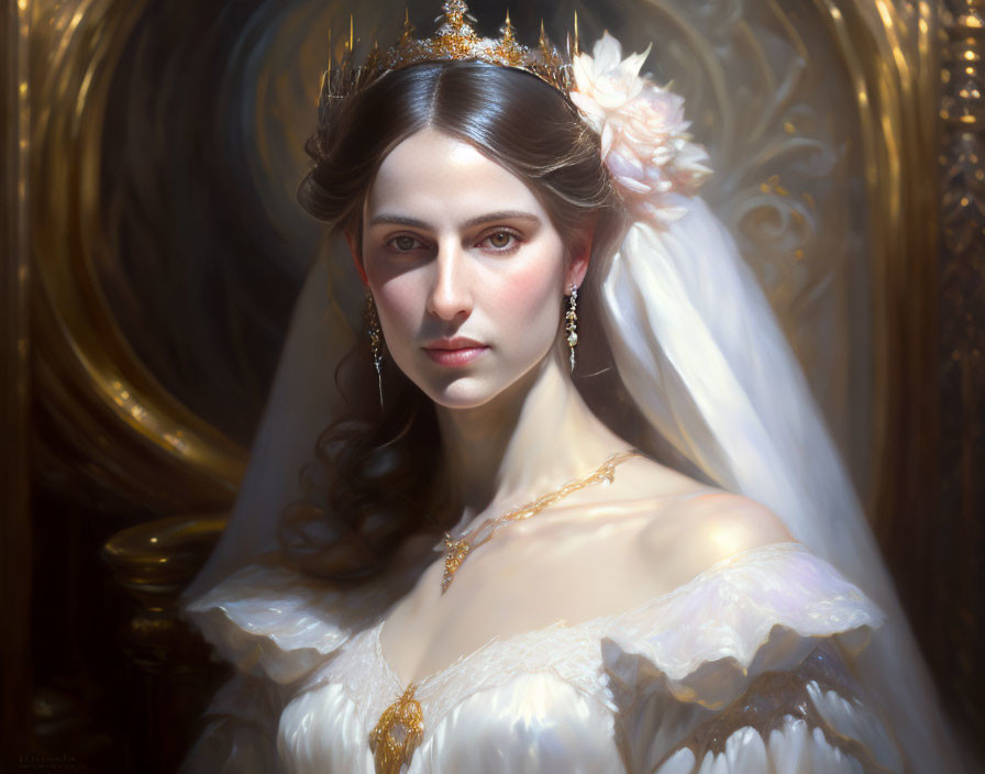 Regal woman in white gown with dark hair and jewelry against golden backdrop