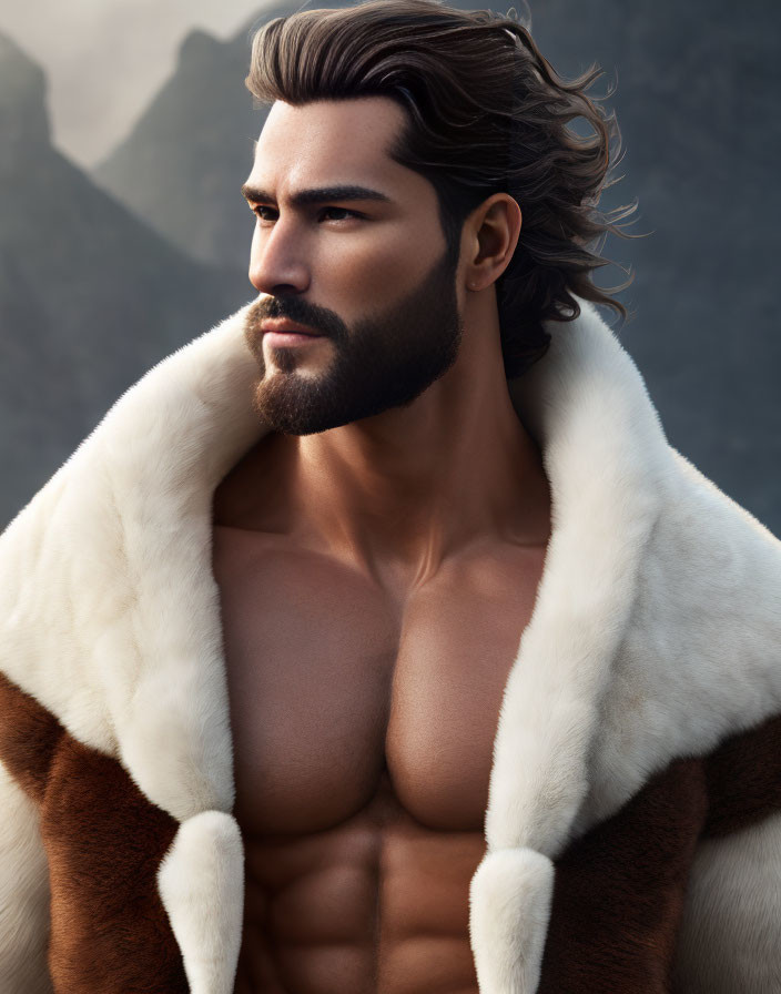 Digital art portrait of man with sculpted beard in fur coat against mountainous landscape