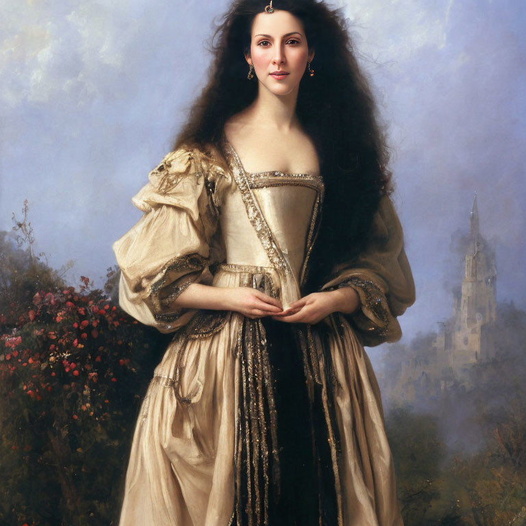 Historical woman in golden dress with puffed sleeves in front of castle and foliage.