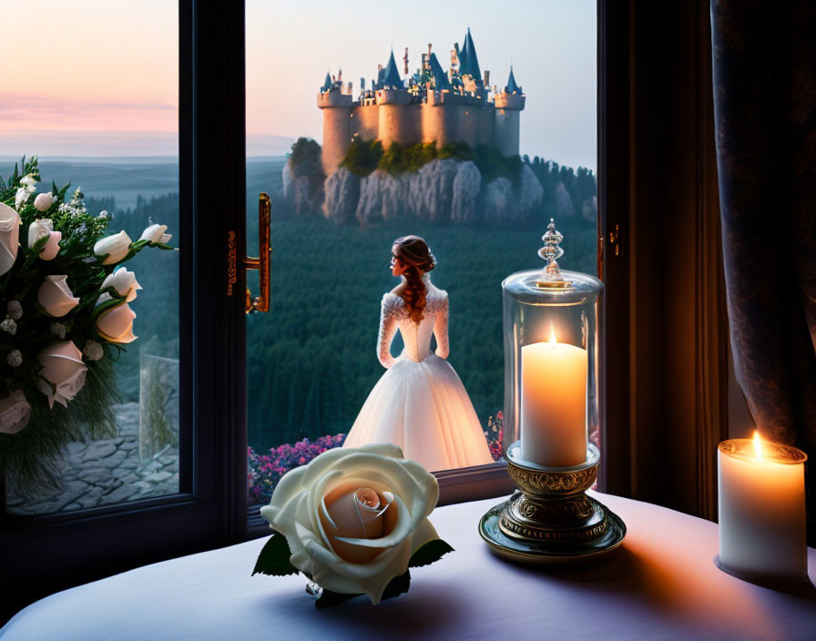 Bride admires twilight castle view with bouquet and candles for romantic ambiance