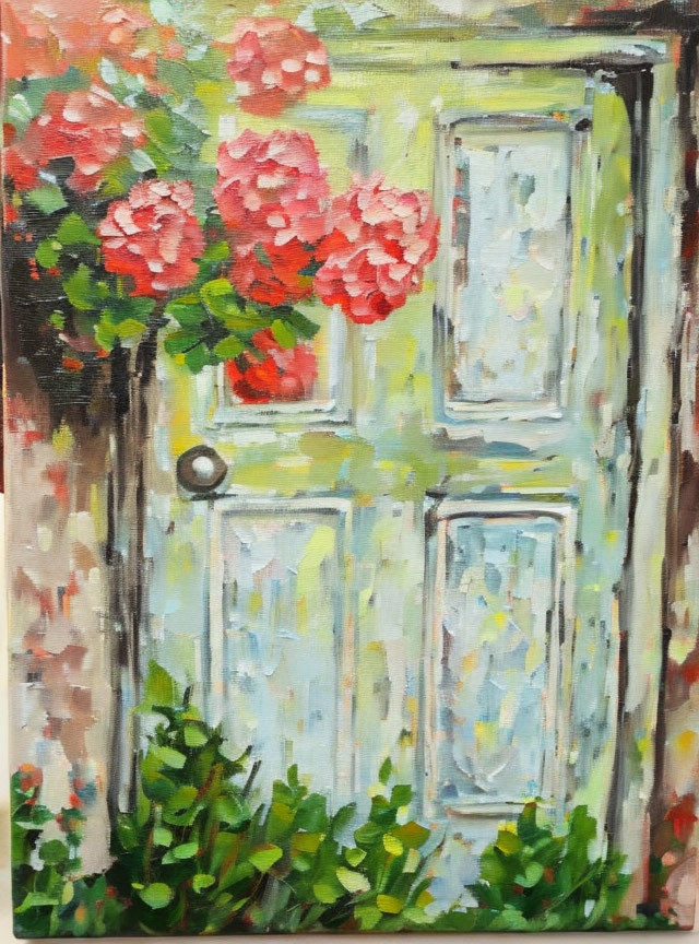 Vibrant red flowers on weathered white door in oil painting