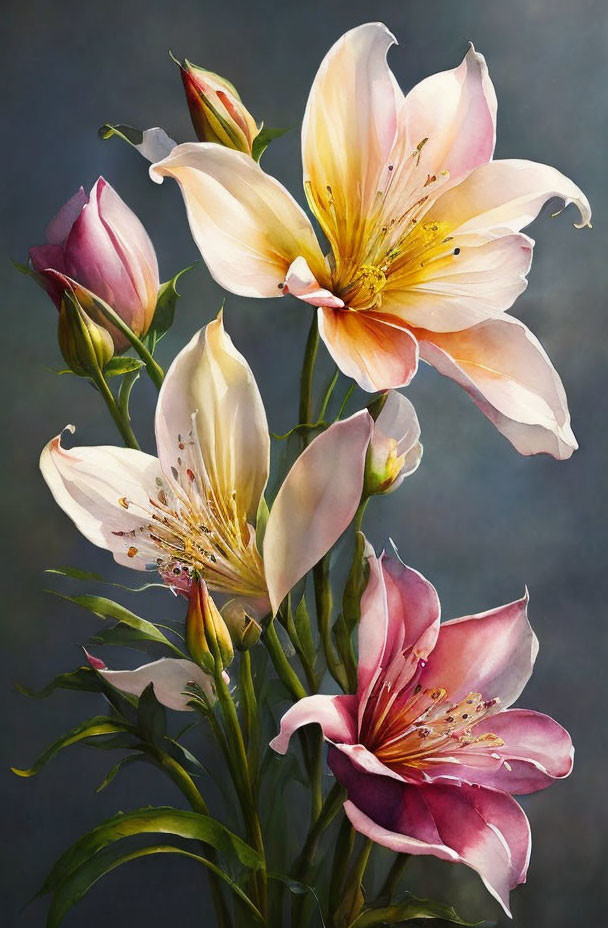 Detailed Pink and White Lilies Painting on Muted Background