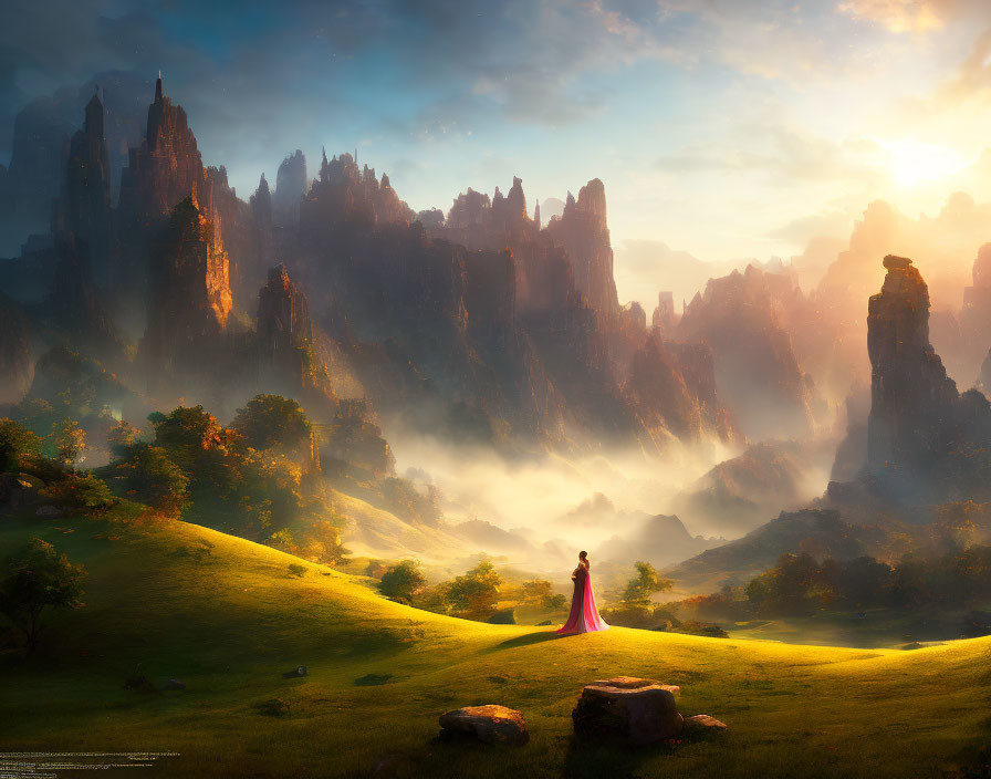 Pink-dressed figure in lush meadow gazes at sunlit cliffs