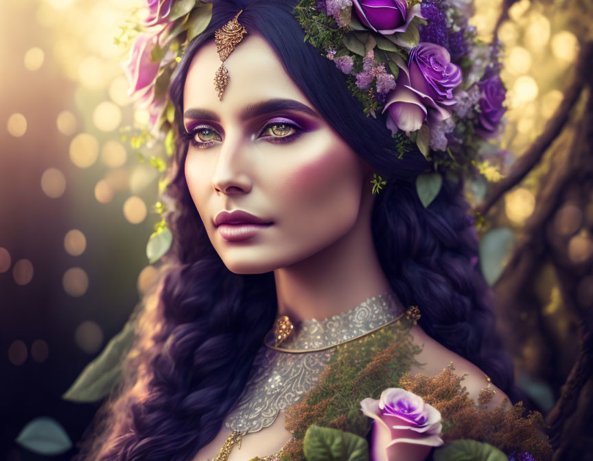 Woman with Violet Eye Makeup and Floral Headpiece in Gold Chain, Bokeh Background