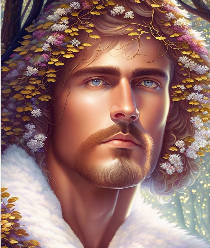 Man with Blue Eyes and Flower Crown Among Blooming Flora