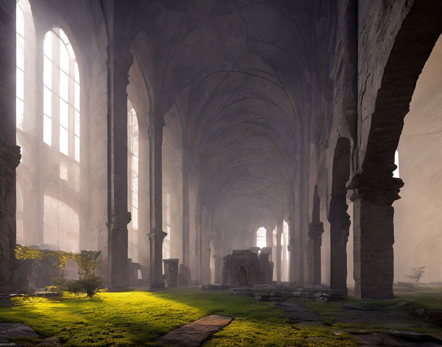 Ancient cathedral interior with sunlight through arched windows