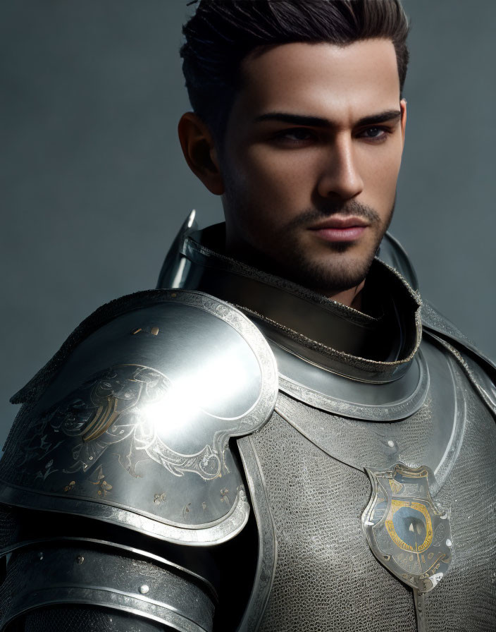 Man in medieval armor with styled hair on grey backdrop