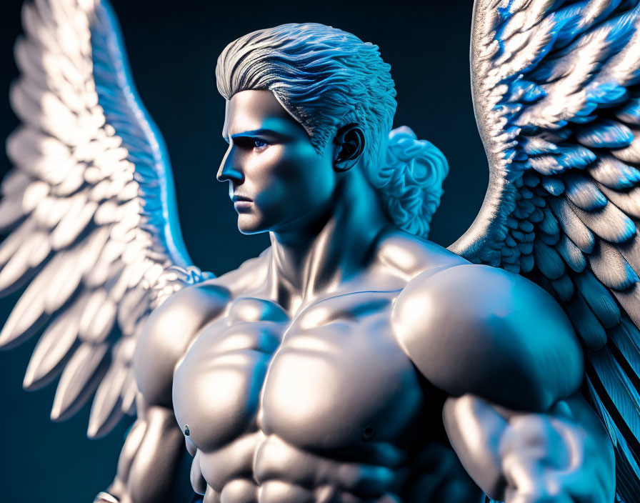 Muscular male angel sculpture with outstretched wings on blue-lit gray background