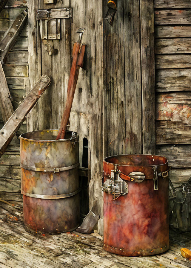 Abandoned tools and rusty barrels against wooden shed wall