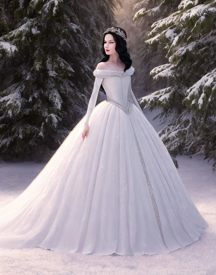 Woman in white ball gown and silver corset in snowy forest with tiara and dark hair