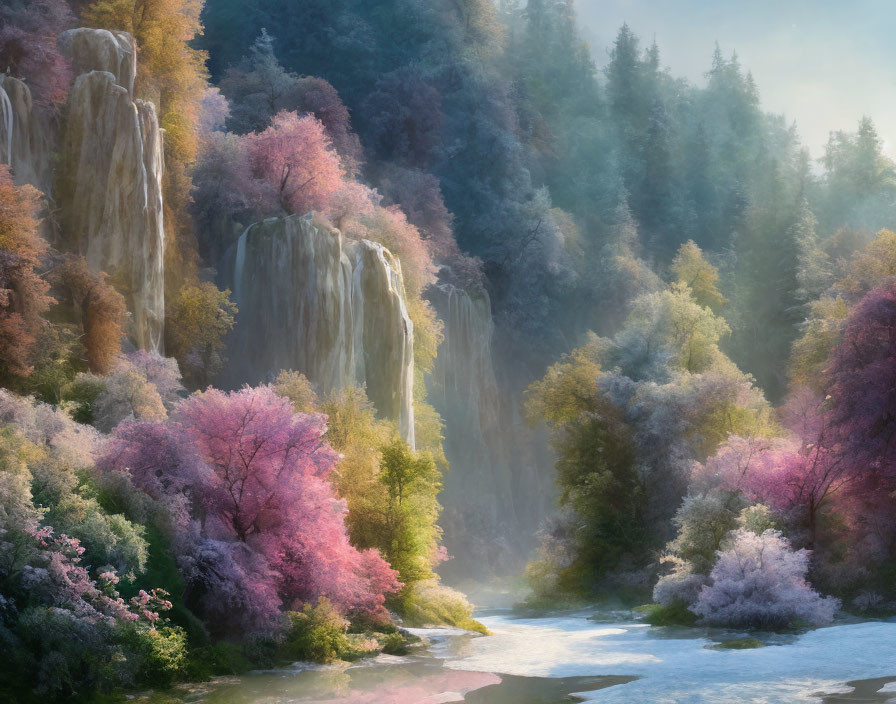 Tranquil landscape with waterfalls, river, pink trees & lush forests