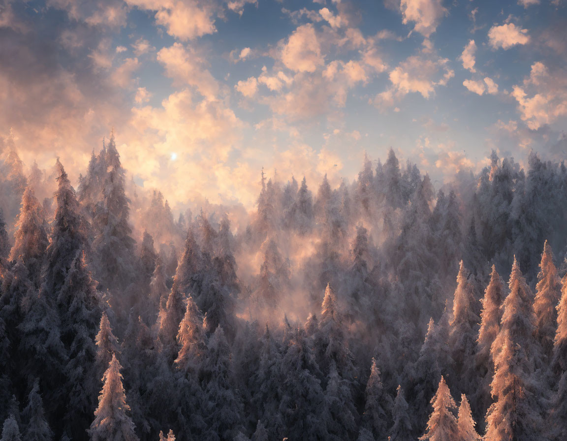 Snow-covered pine trees in serene forest under golden sunlight